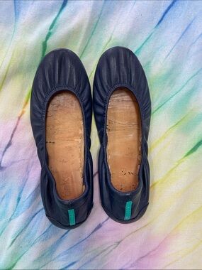 Tieks Navy Blue Leather Ballet Flats with Teal Heel Tab